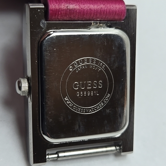 Women Guess Watch Pink Leather Wide Band Cuff Silver Case Quartz New Battery - Picture 11 of 11